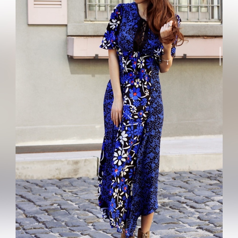 Walter Baker Blue Floral Ellie Maxi Dress Size 6 beautiful 😍 lace up front